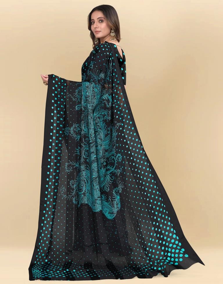 Teal Blue Printed Chiffon Saree