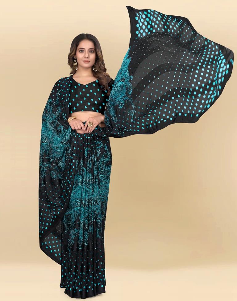 Teal Blue Printed Chiffon Saree