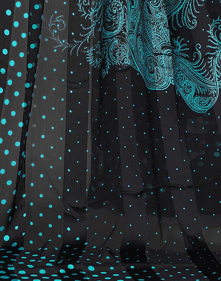 Teal Blue Printed Chiffon Saree