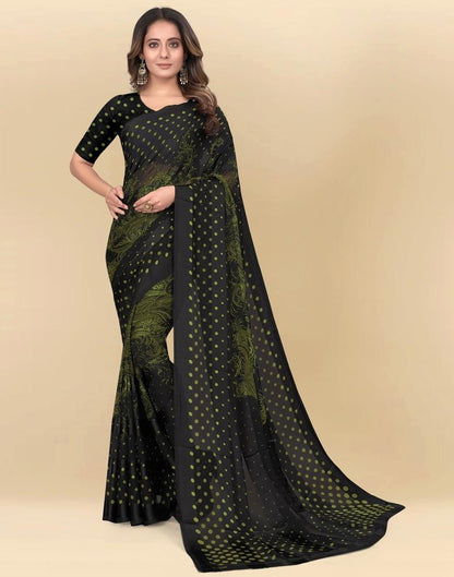 Dark Green Printed Chiffon Saree