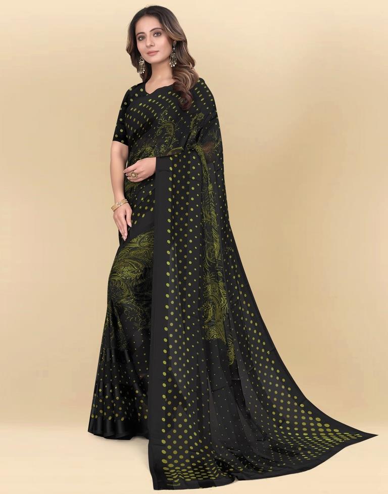 Dark Green Printed Chiffon Saree
