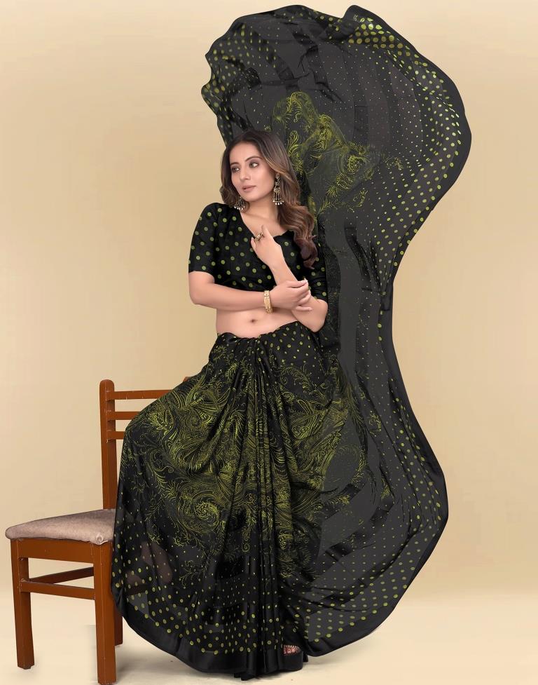 Dark Green Printed Chiffon Saree