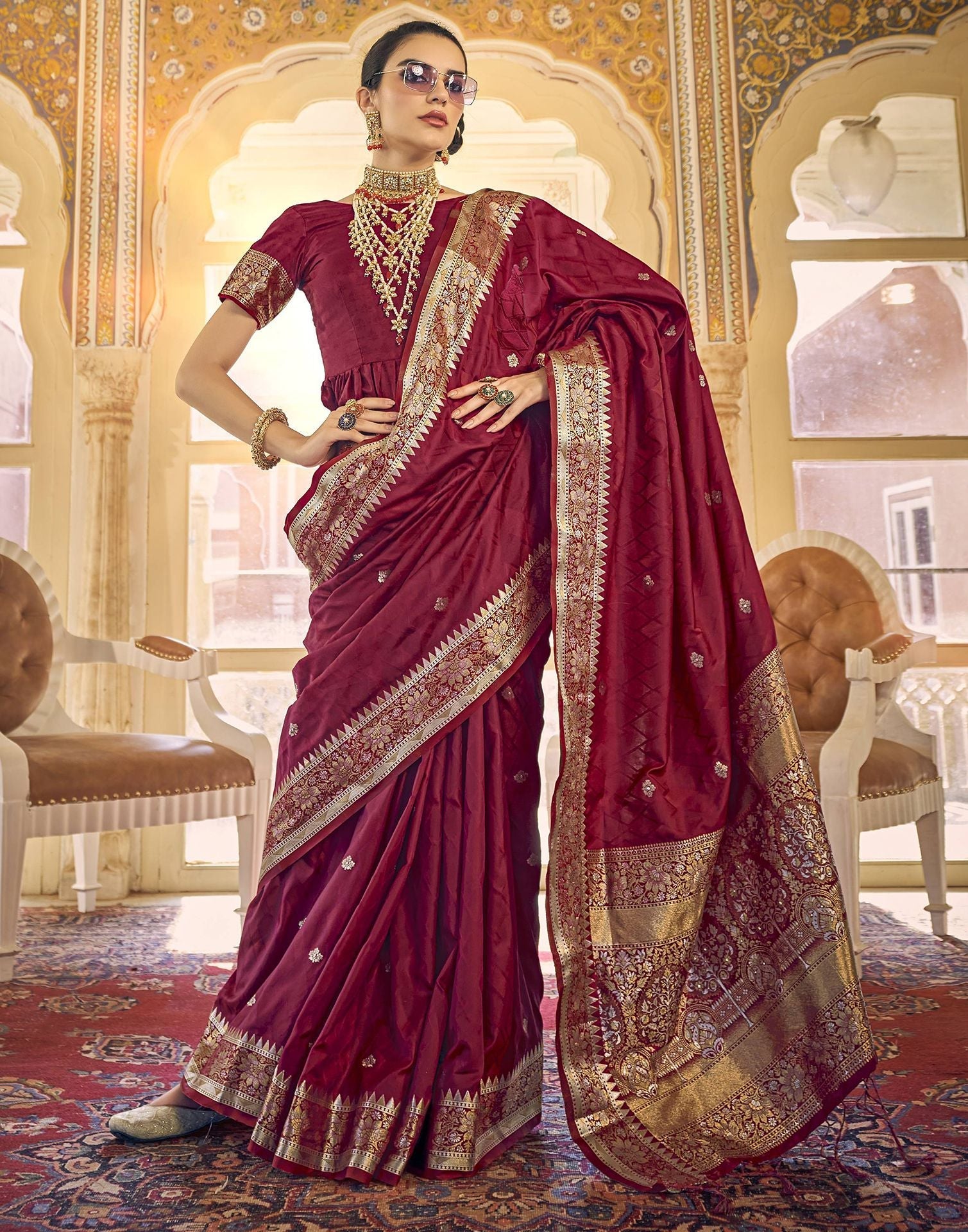Maroon Silk Self Woven Banarasi Saree With Tassel | Leemboodi