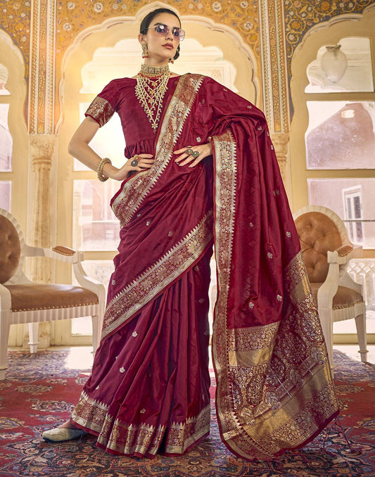Maroon Silk Self Woven Banarasi Saree With Tassel | Leemboodi