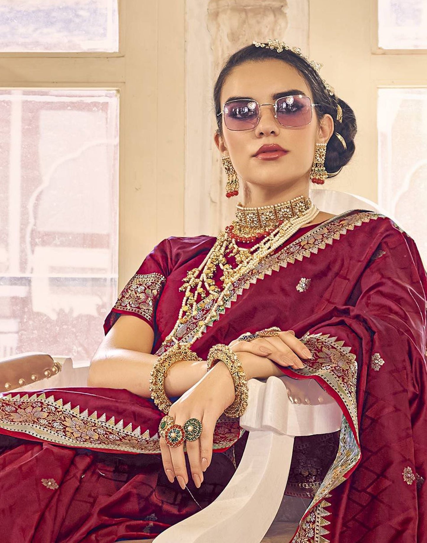 Maroon Silk Self Woven Banarasi Saree With Tassel | Leemboodi