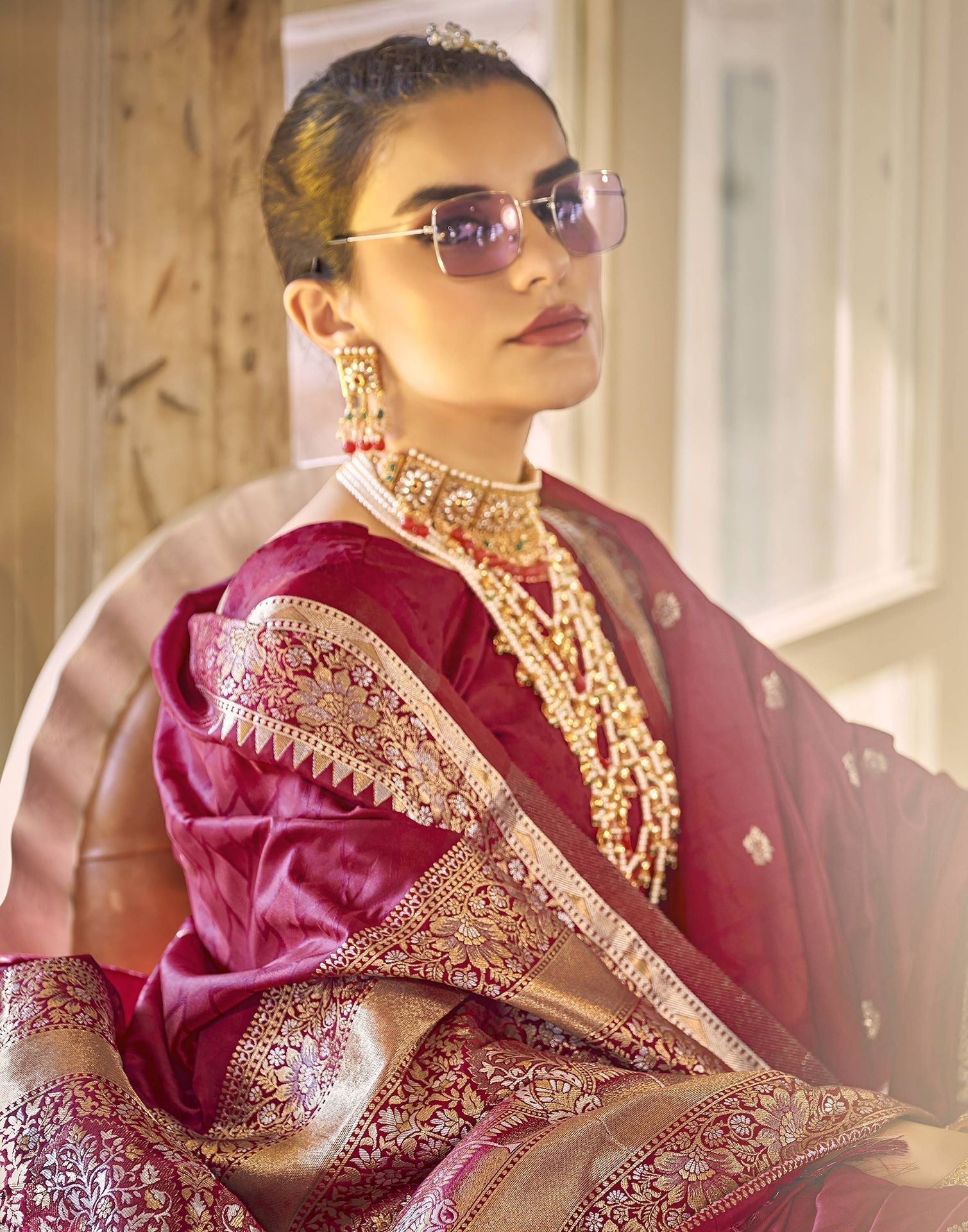 Maroon Silk Self Woven Banarasi Saree With Tassel | Leemboodi