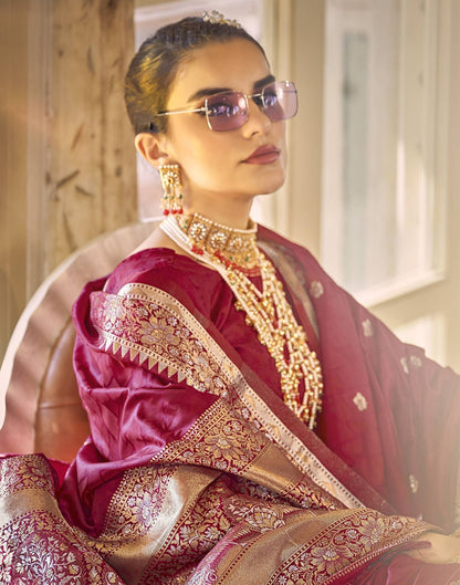 Maroon Silk Self Woven Banarasi Saree With Tassel | Leemboodi
