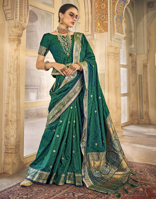 Green Silk Self Woven Banarasi Saree With Tassel | Leemboodi