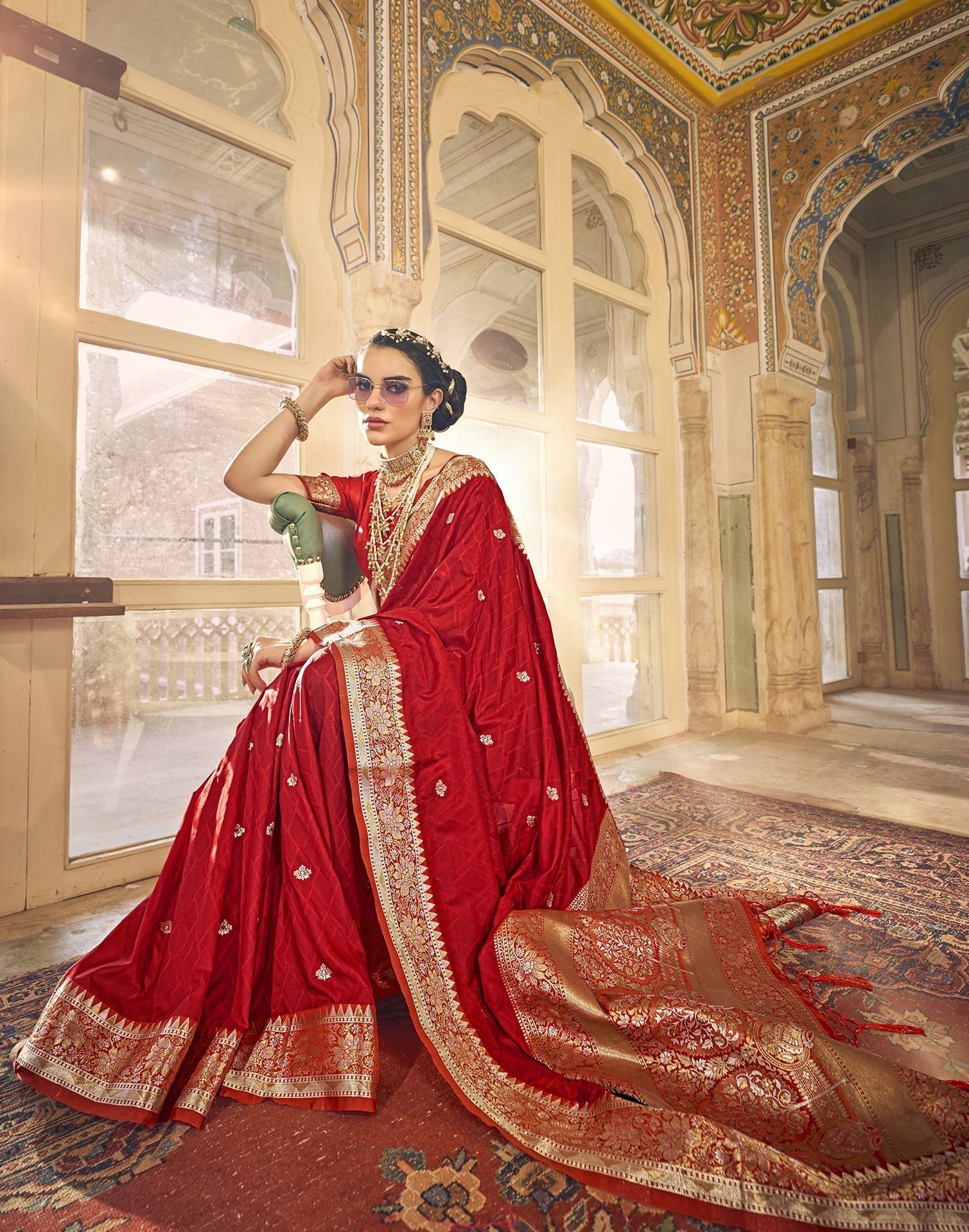 Red Silk Self Woven Banarasi Saree With Tassel | Leemboodi