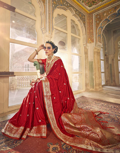 Red Silk Self Woven Banarasi Saree With Tassel | Leemboodi