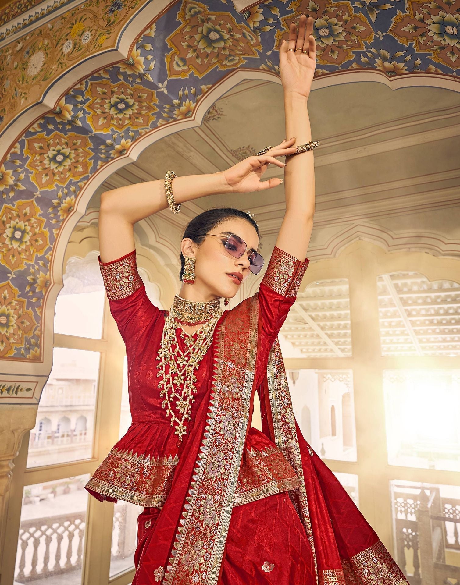 Red Silk Self Woven Banarasi Saree With Tassel | Leemboodi