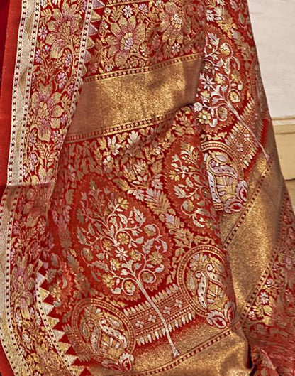 Red Silk Self Woven Banarasi Saree With Tassel | Leemboodi