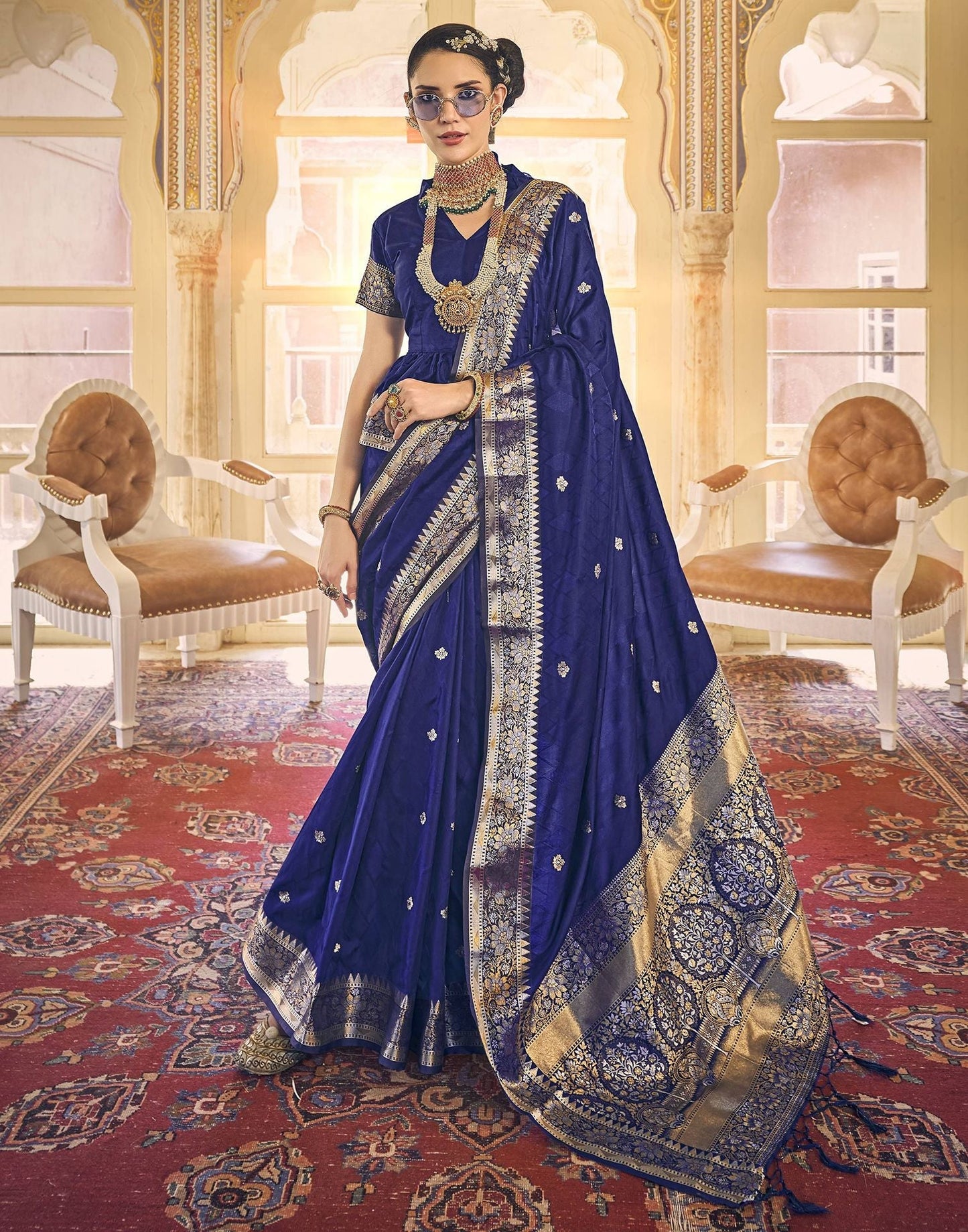 Blue Silk Self Woven Banarasi Saree With Tassel | Leemboodi
