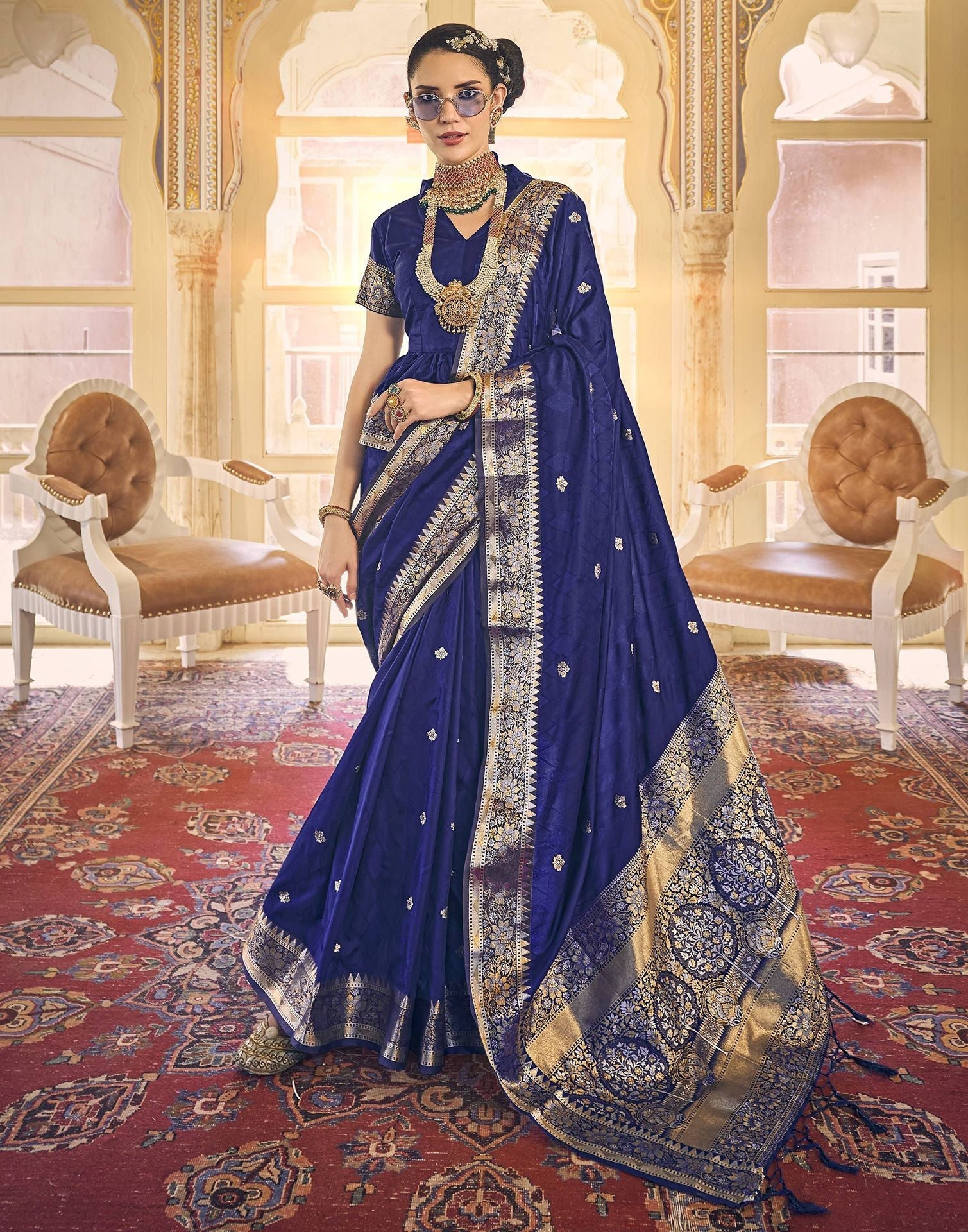 Blue Silk Self Woven Banarasi Saree With Tassel | Leemboodi