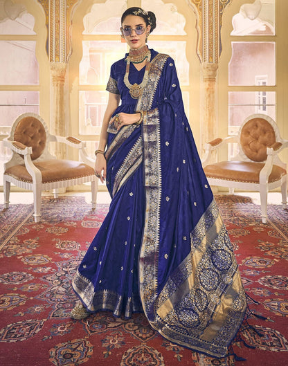 Blue Silk Self Woven Banarasi Saree With Tassel | Leemboodi