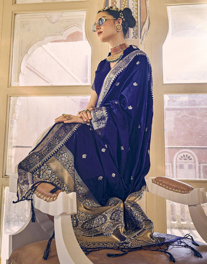 Blue Silk Self Woven Banarasi Saree With Tassel | Leemboodi