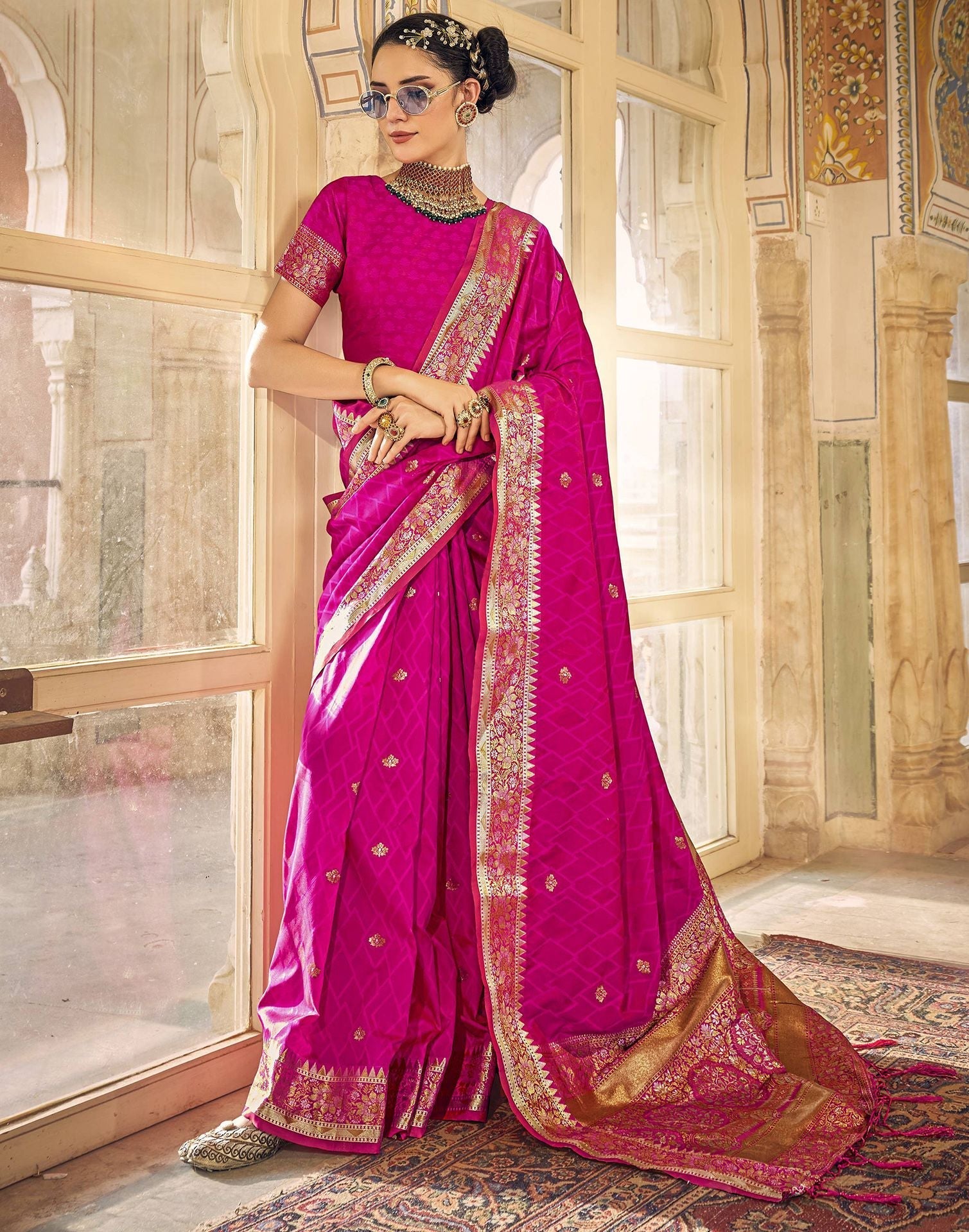 Rani Pink Silk Self Woven Banarasi Saree With Tassel | Leemboodi