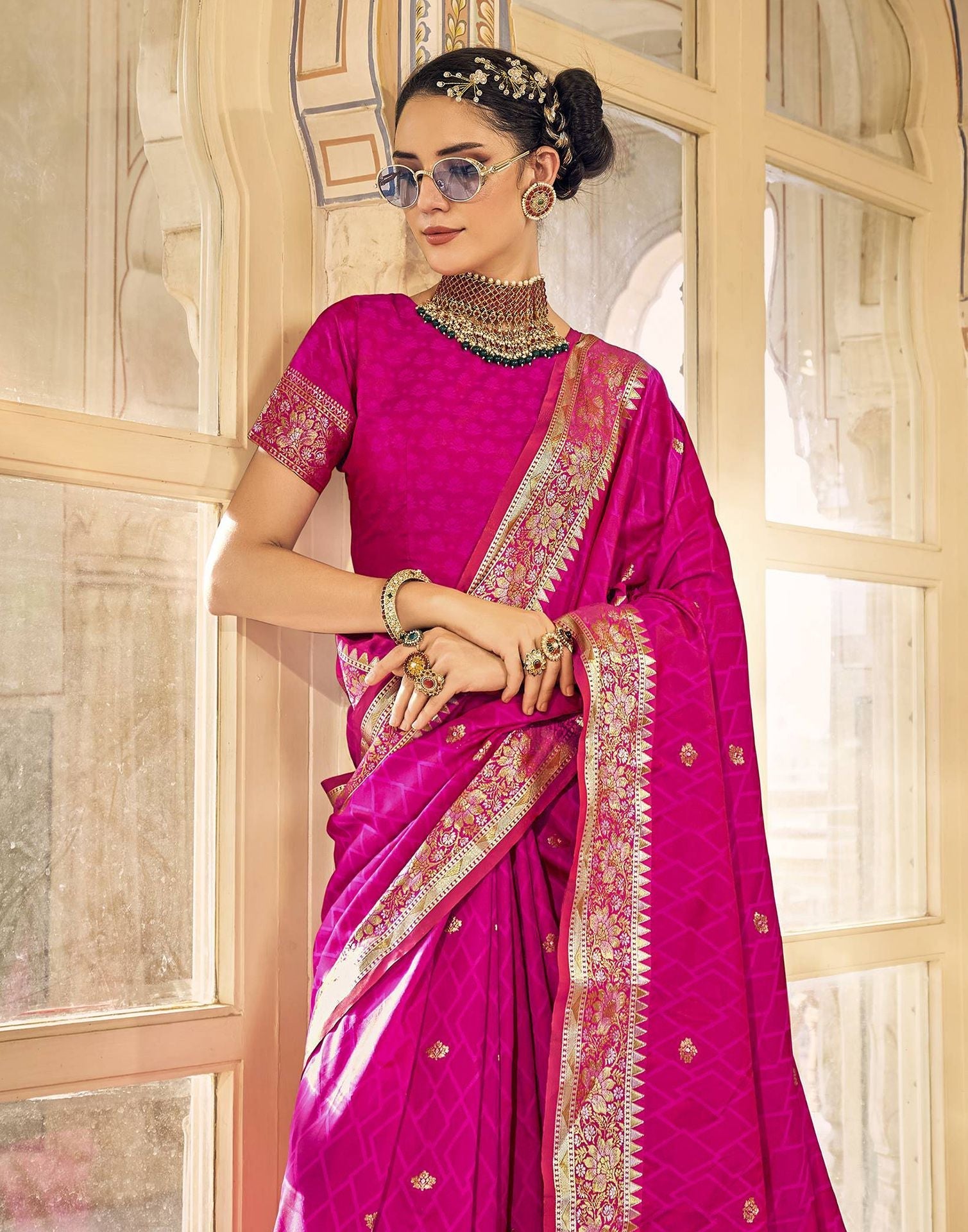 Rani Pink Silk Self Woven Banarasi Saree With Tassel | Leemboodi