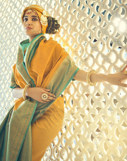 Turmeric Yellow Silk Kanjivaram Weaving Saree With Tassel | Leemboodi