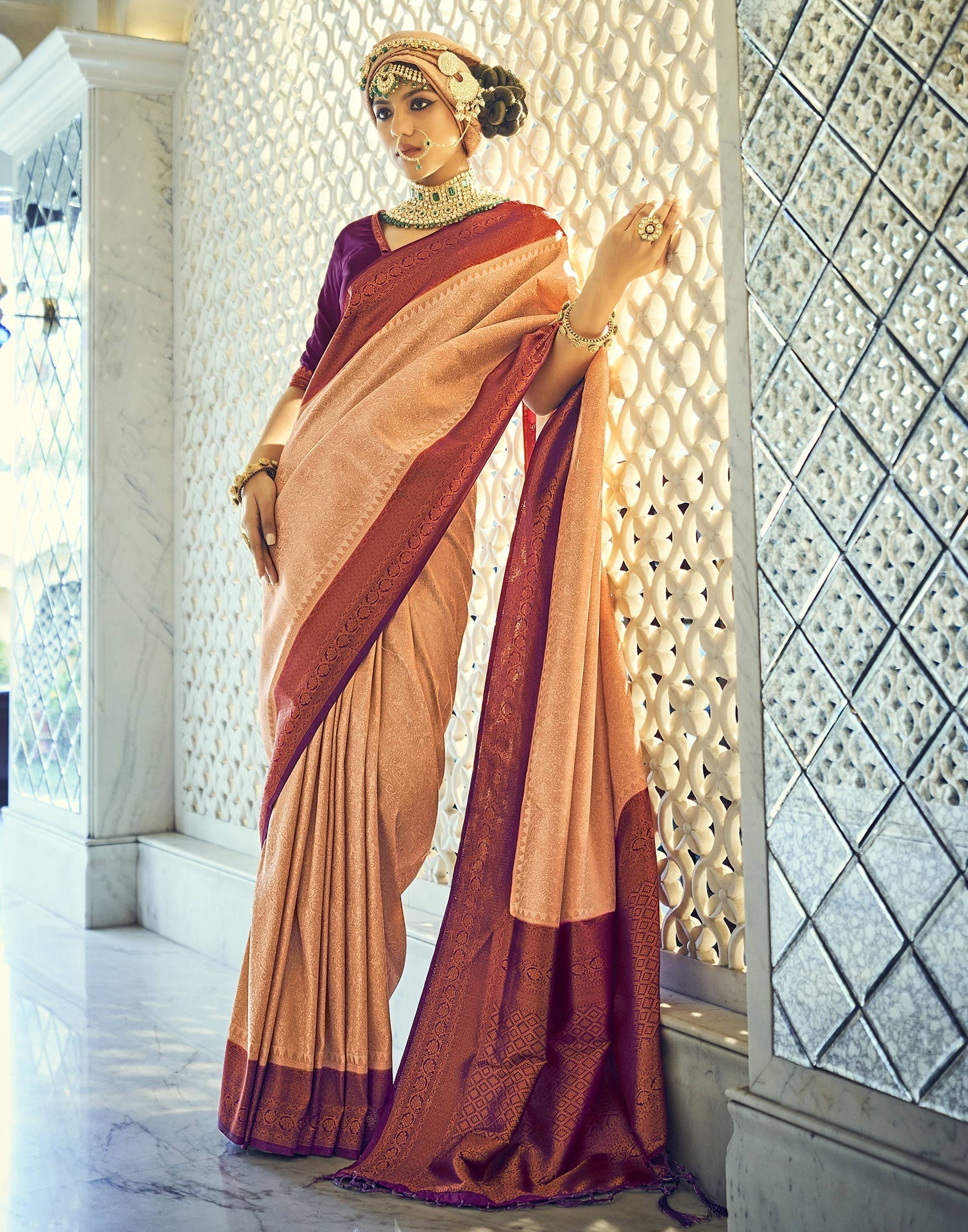 Beige Silk Kanjivaram Weaving Saree With Tassel | Leemboodi