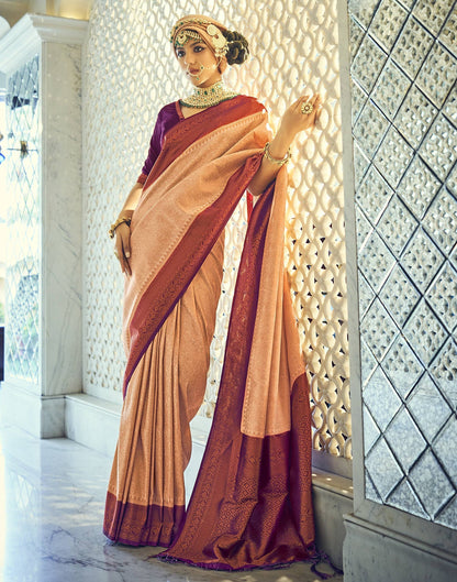 Beige Silk Kanjivaram Weaving Saree With Tassel | Leemboodi