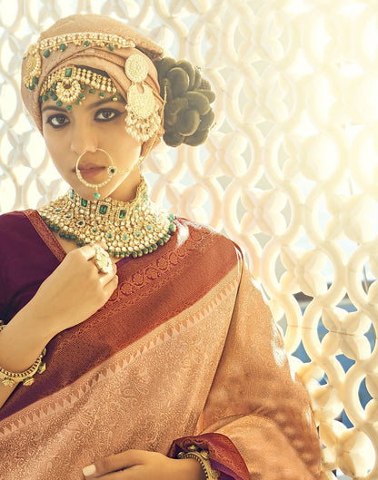 Beige Silk Kanjivaram Weaving Saree With Tassel | Leemboodi