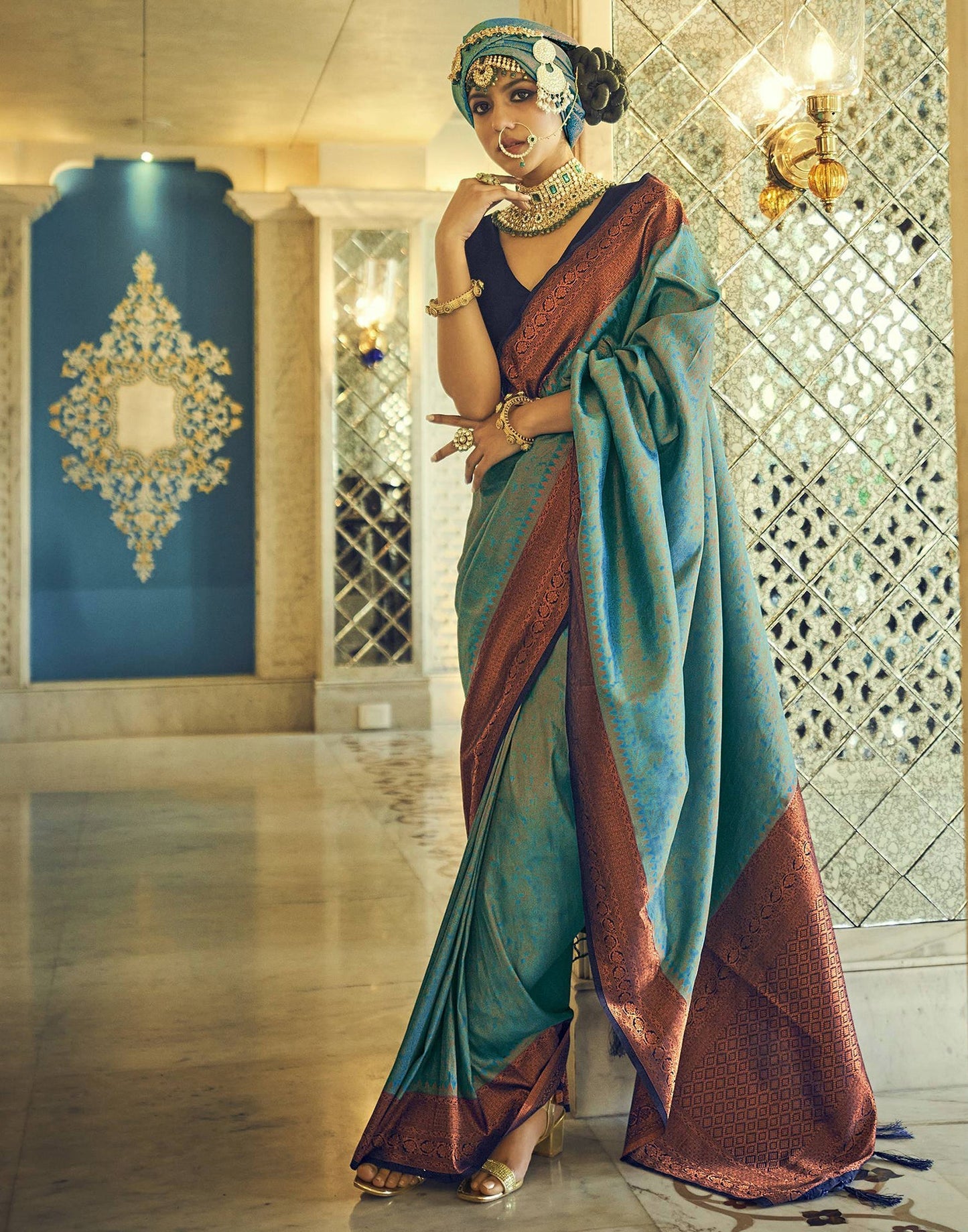 Turquoise Silk Kanjivaram Weaving Saree With Tassel | Leemboodi