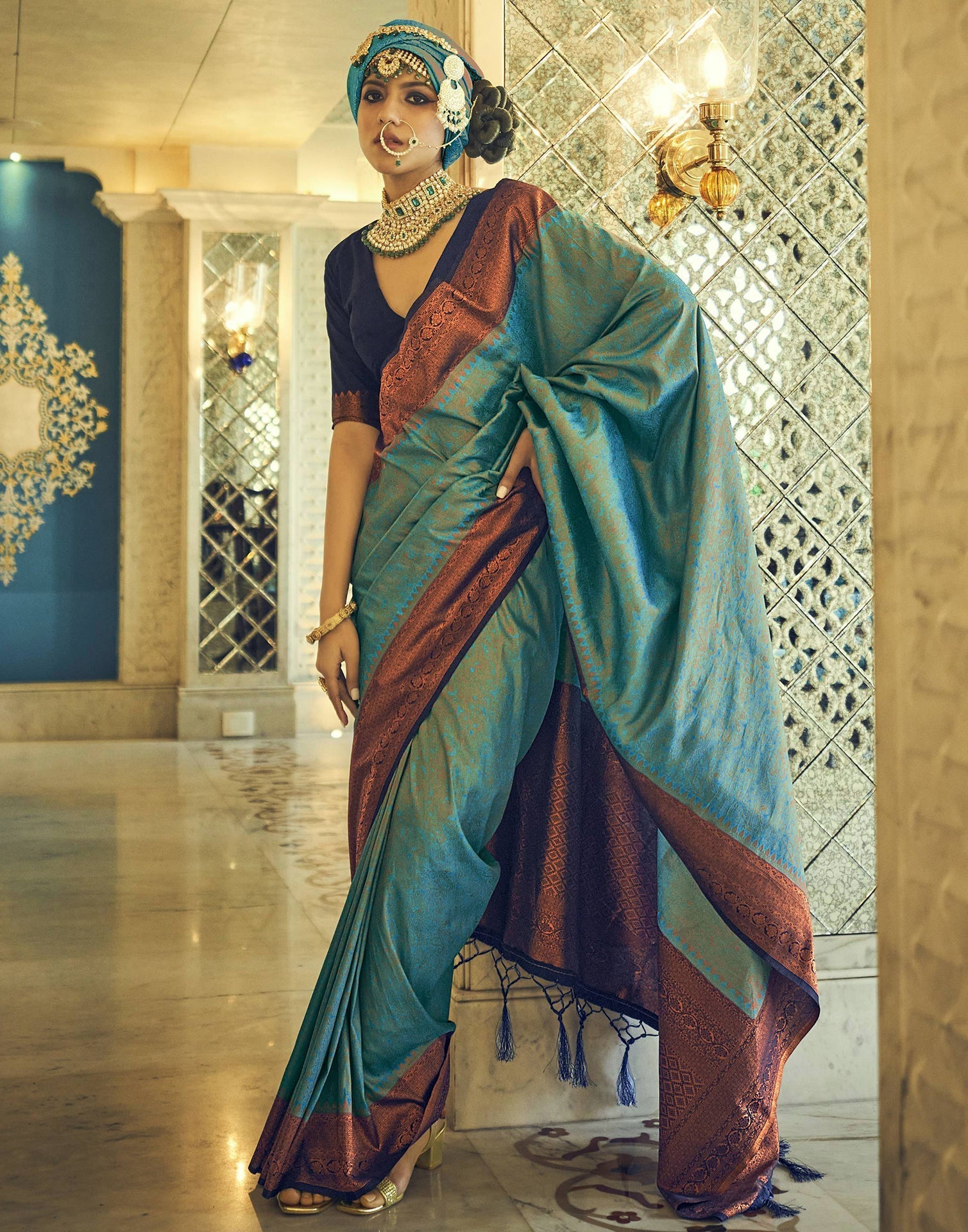 Turquoise Silk Kanjivaram Weaving Saree With Tassel | Leemboodi