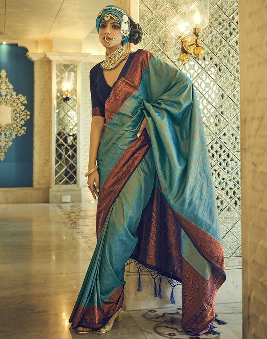 Turquoise Silk Kanjivaram Weaving Saree With Tassel | Leemboodi