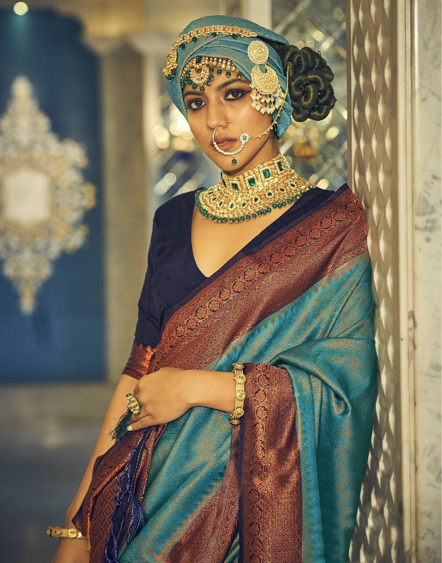 Turquoise Silk Kanjivaram Weaving Saree With Tassel | Leemboodi