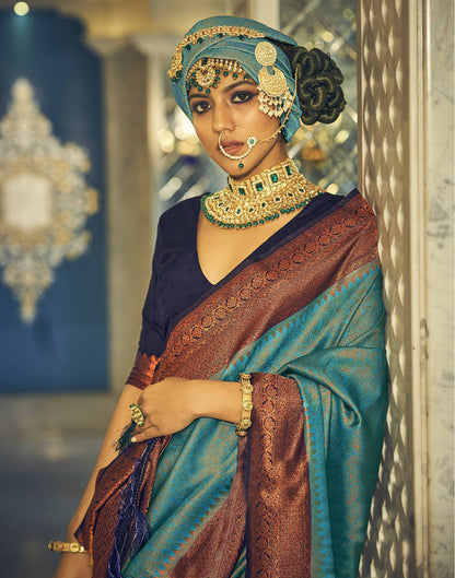 Turquoise Silk Kanjivaram Weaving Saree With Tassel | Leemboodi