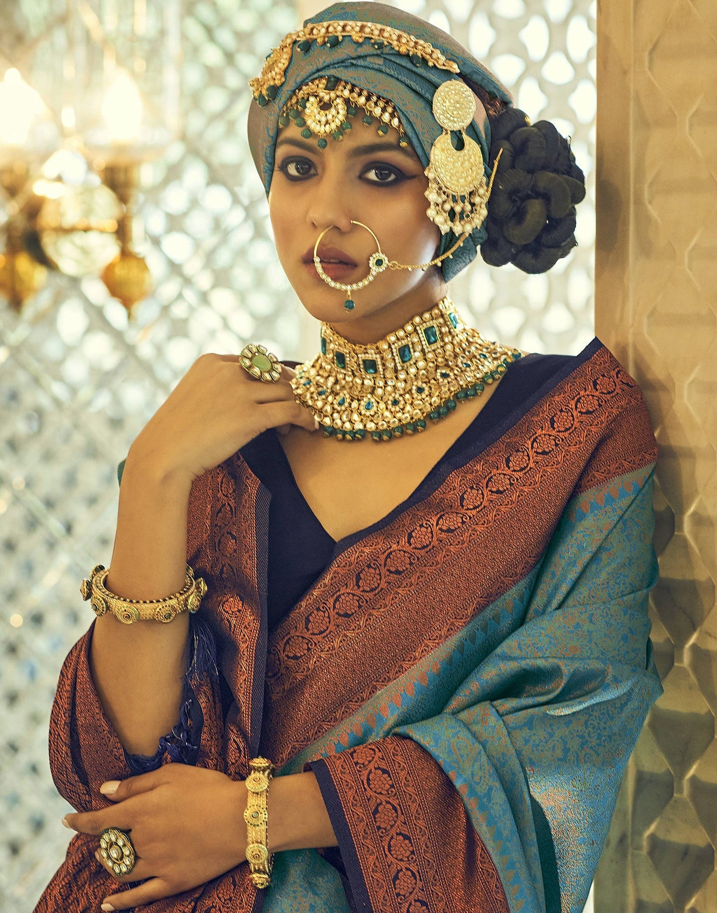 Turquoise Silk Kanjivaram Weaving Saree With Tassel | Leemboodi