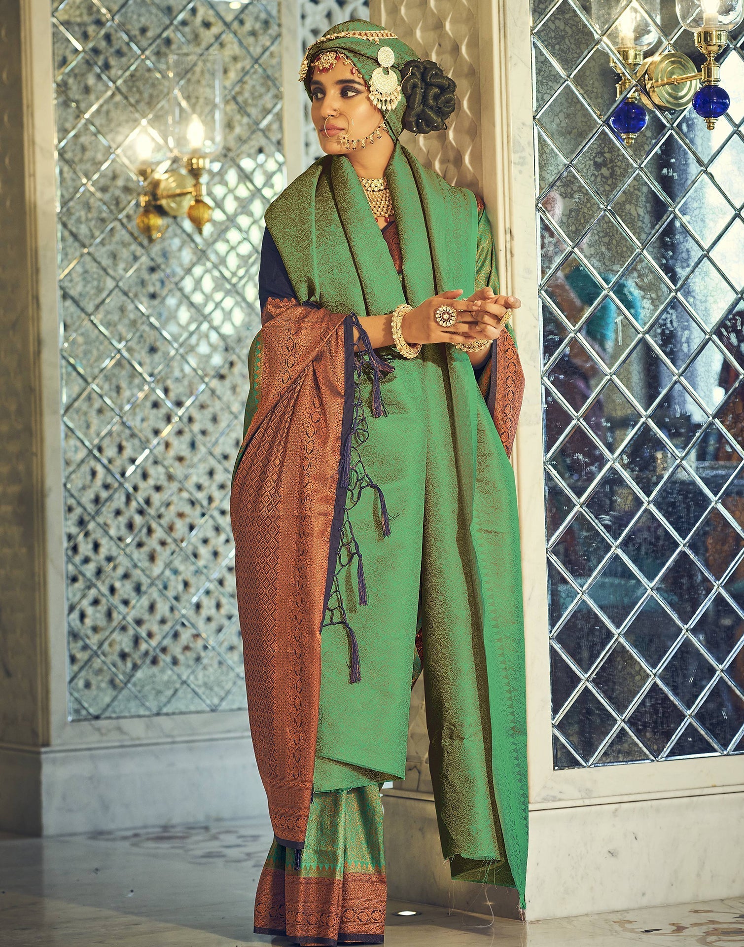 Green Silk Kanjivaram Weaving Saree With Tassel | Leemboodi