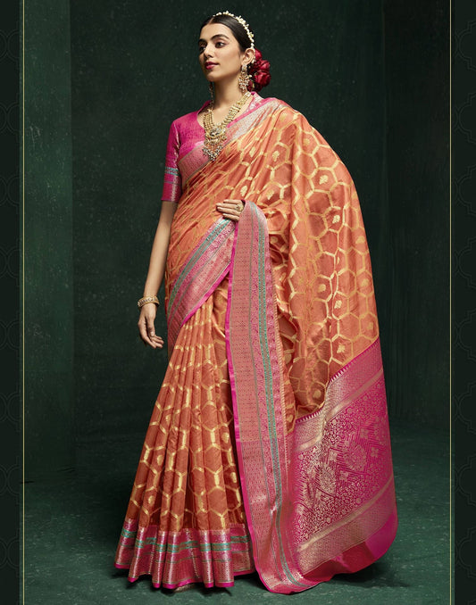 Orange Cotton Banarasi Saree | Leemboodi
