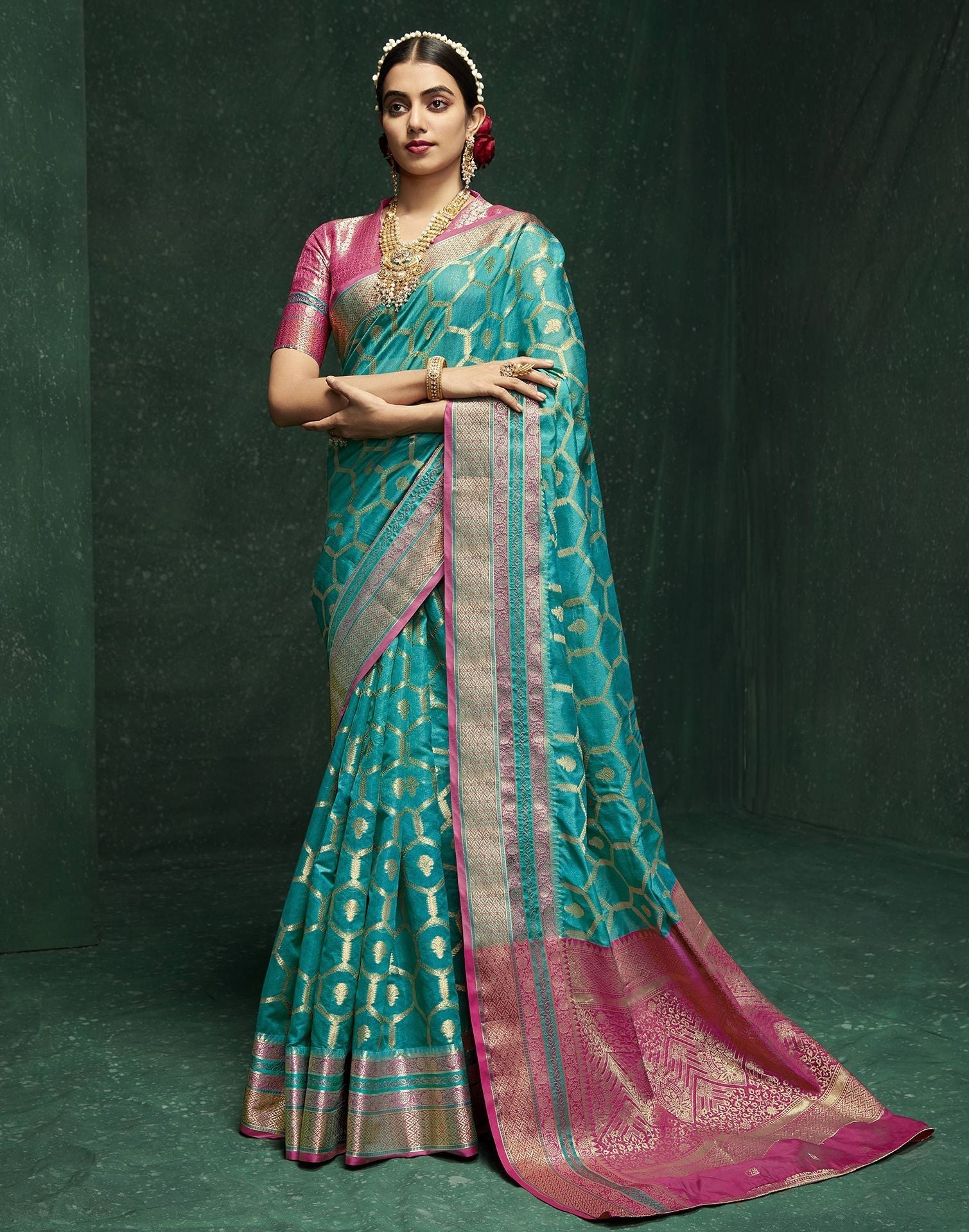 Teal Blue Cotton Banarasi Saree | Leemboodi