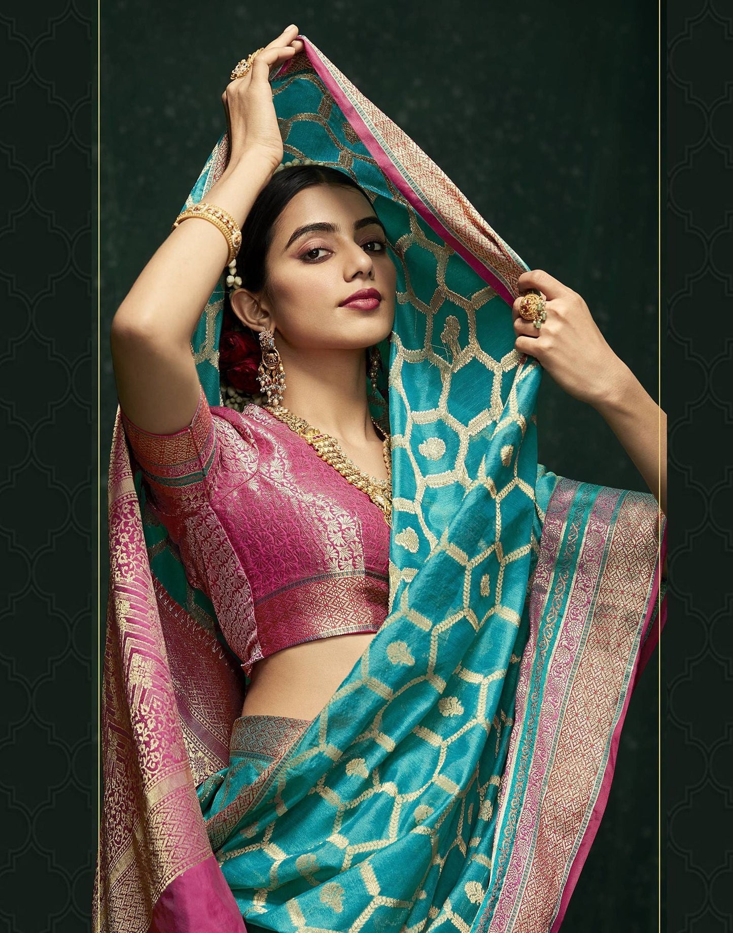 Teal Blue Cotton Banarasi Saree | Leemboodi