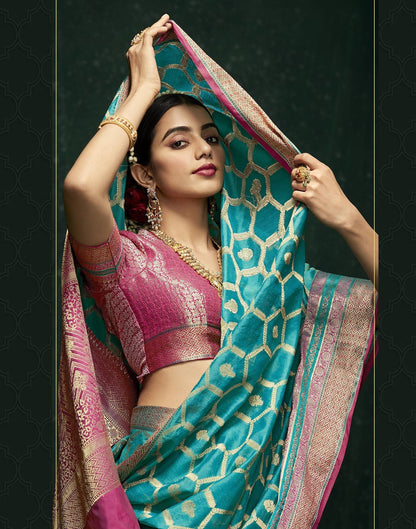 Teal Blue Cotton Banarasi Saree | Leemboodi