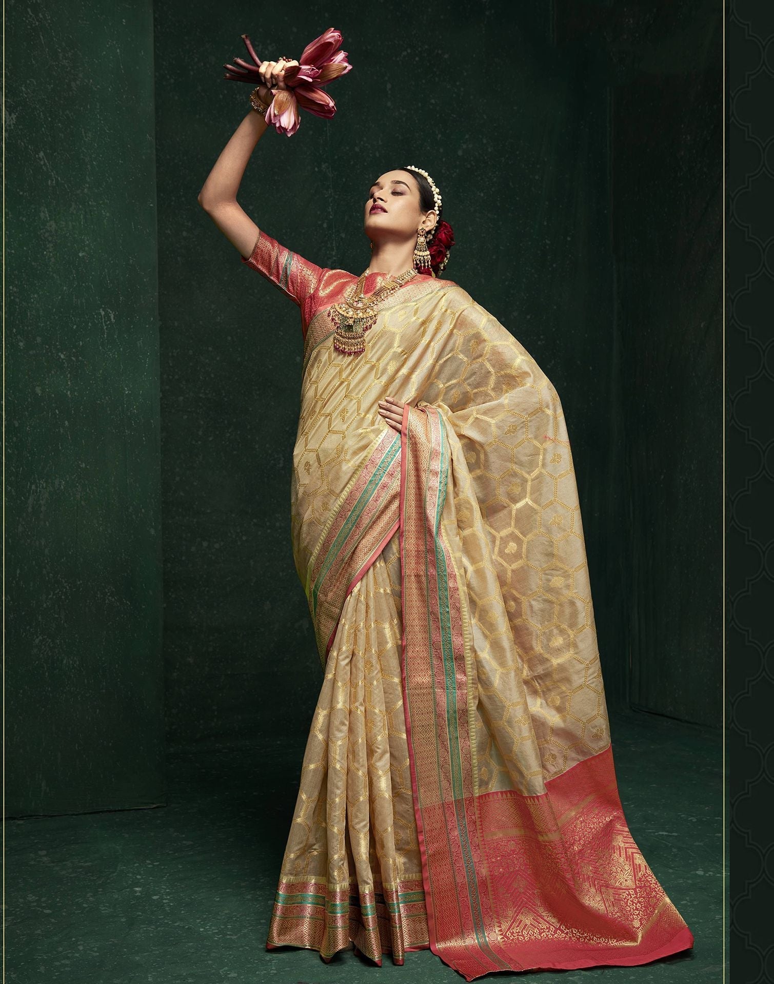 Beige Cotton Banarasi Saree | Leemboodi