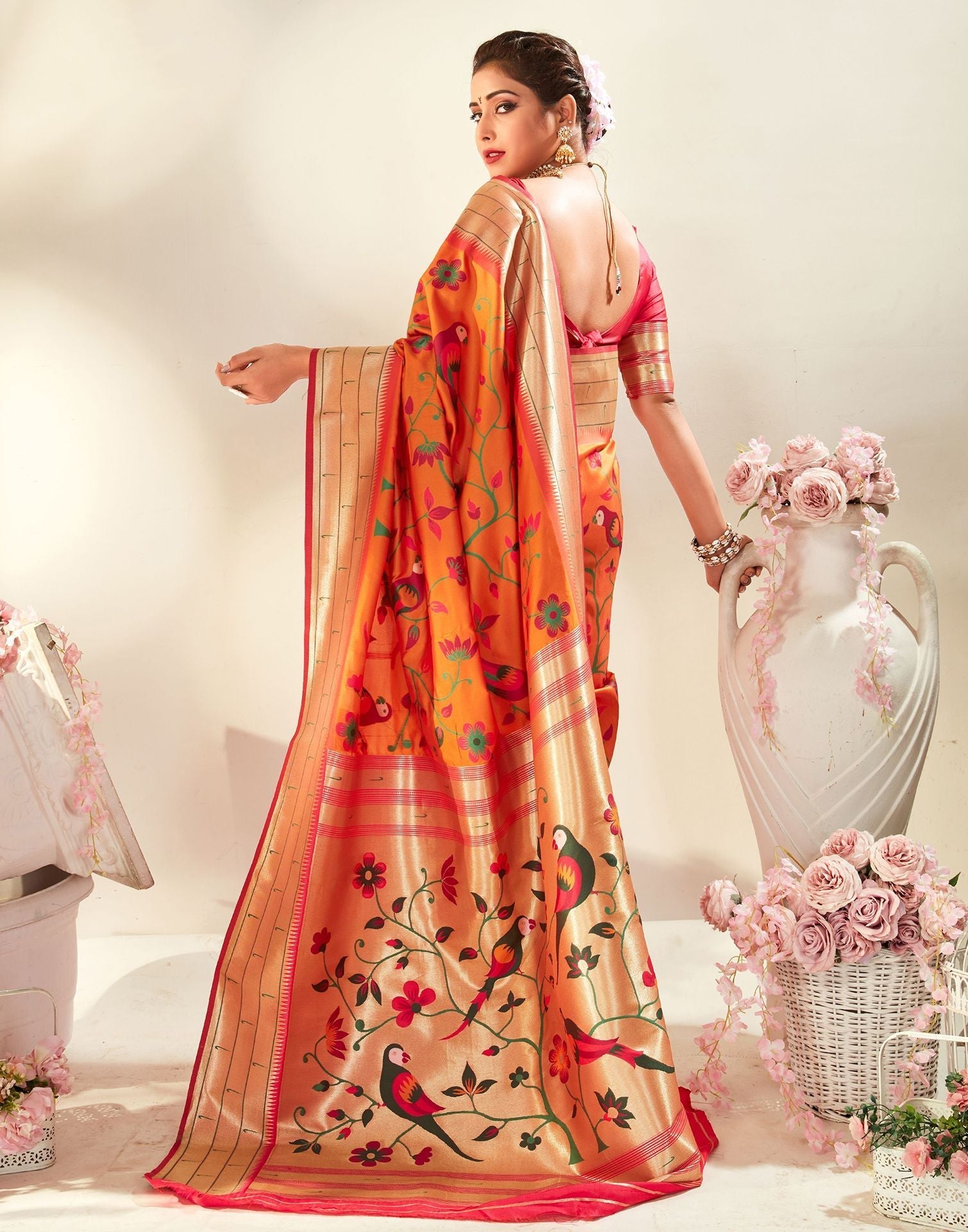 Orange Silk Weaving Paithani Saree | Leemboodi