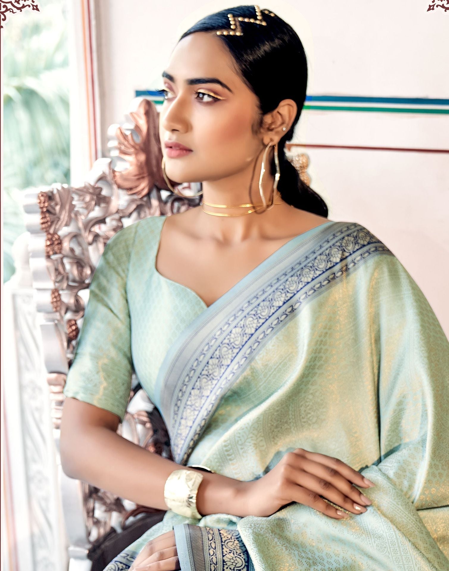 Pista Green Silk Weaving Kanjivaram Saree | Leemboodi