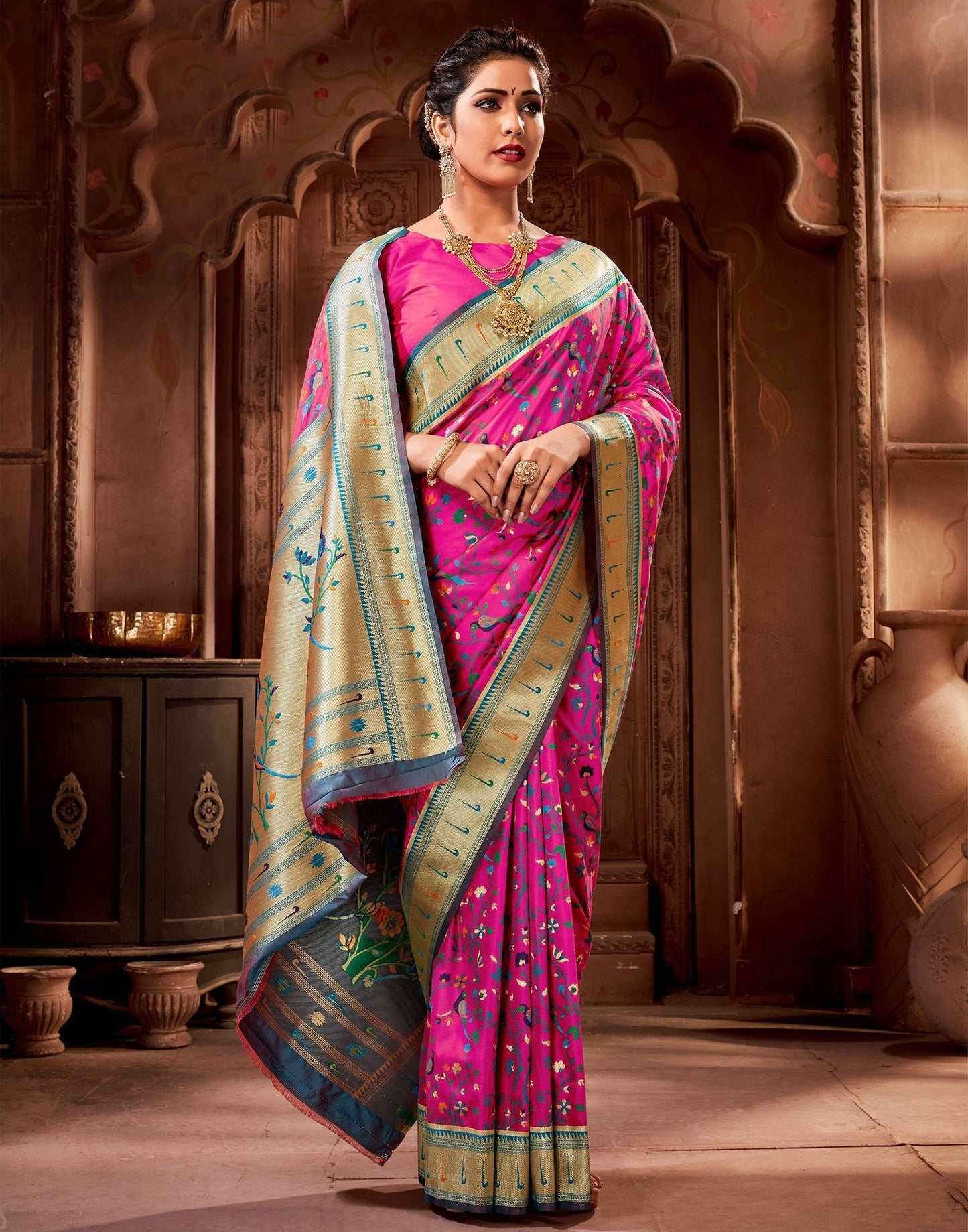 Dark Pink Silk Weaving Paithani Saree | Leemboodi