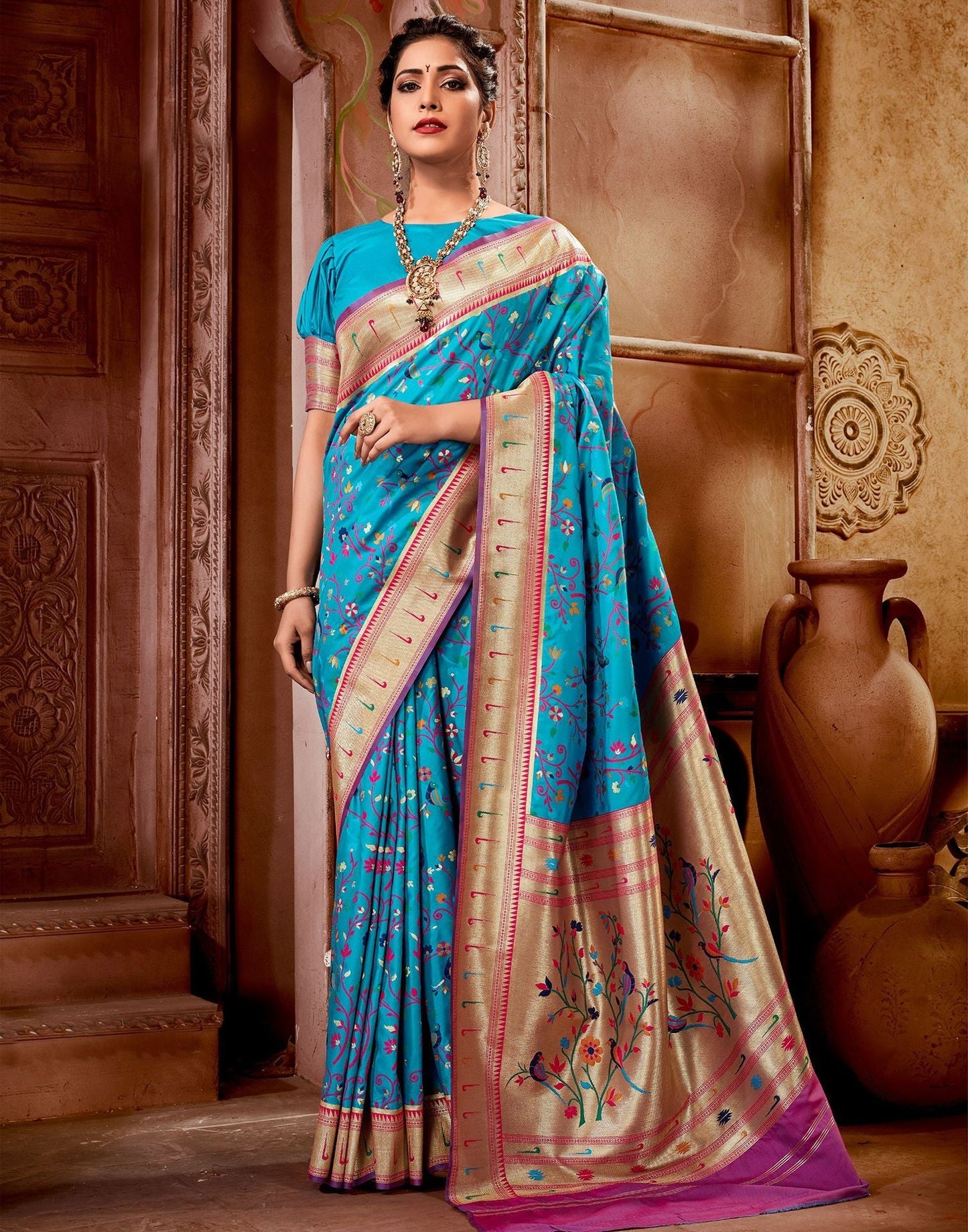 Blue Silk Weaving Paithani Saree | Leemboodi