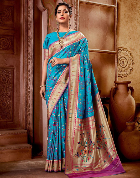 Blue Silk Weaving Paithani Saree | Leemboodi