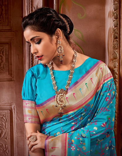Blue Silk Weaving Paithani Saree | Leemboodi