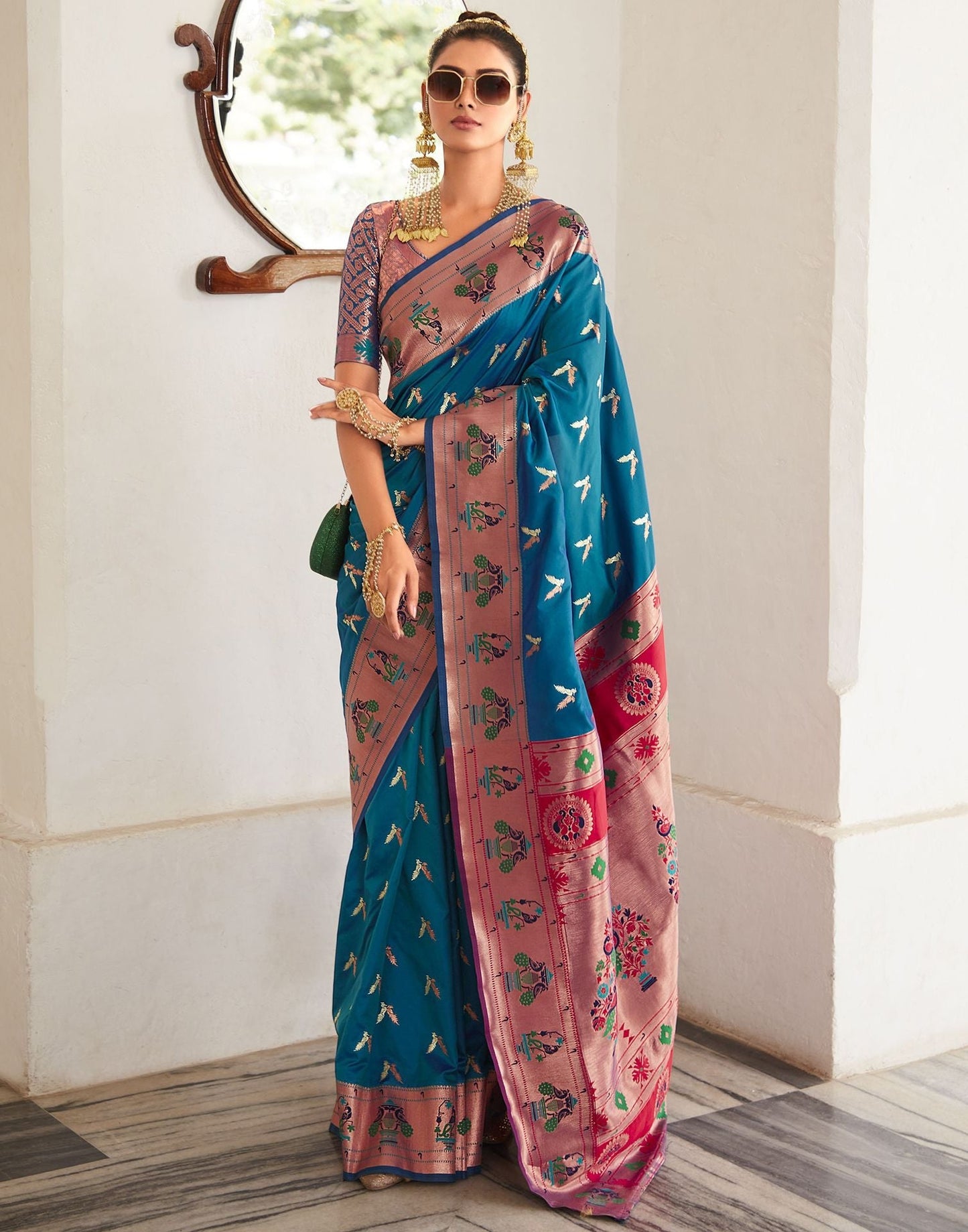 Blue Silk Weaving Paithani Saree | Leemboodi