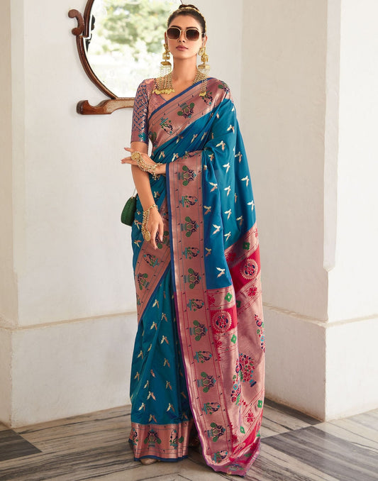 Blue Silk Weaving Paithani Saree | Leemboodi