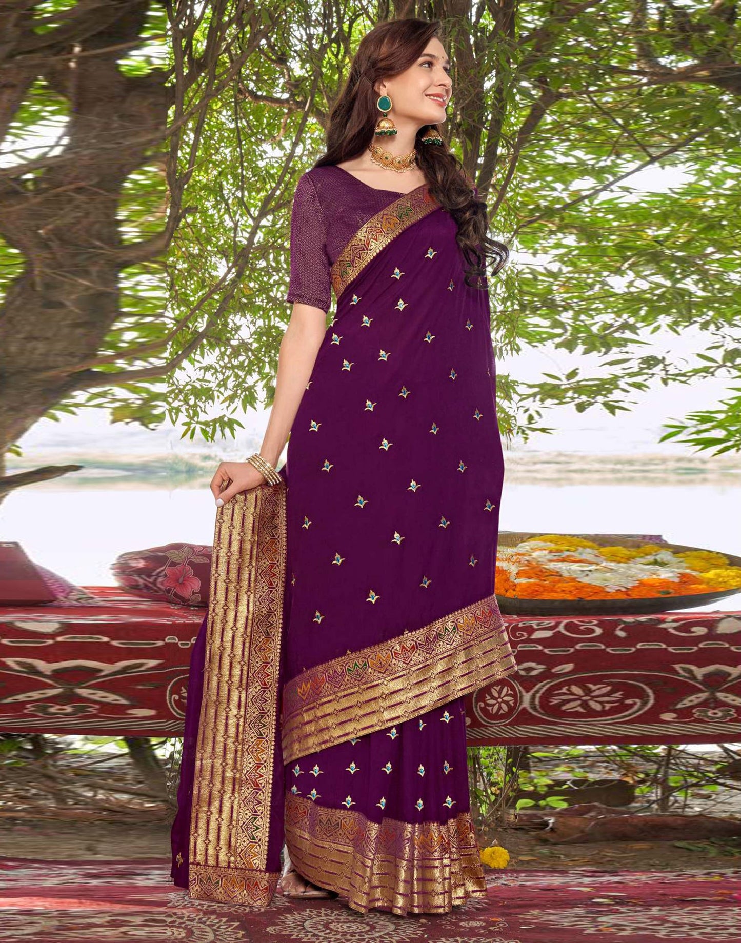 Wine Vichitra Embroidery Saree