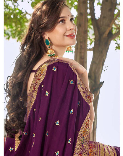 Wine Vichitra Embroidery Saree