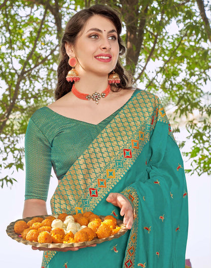 Rama Green Vichitra Embroidery Saree
