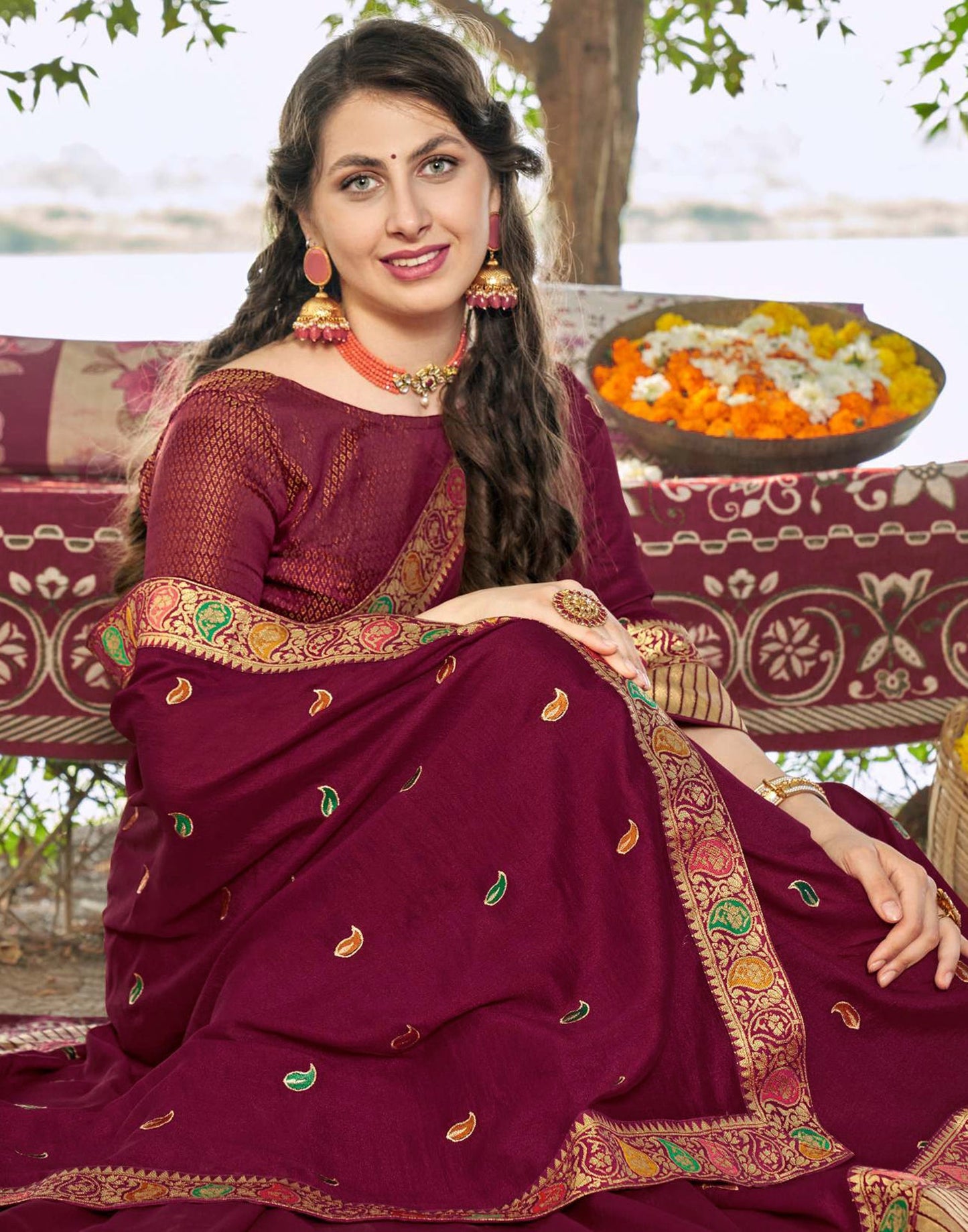 Maroon Vichitra Embroidery Saree